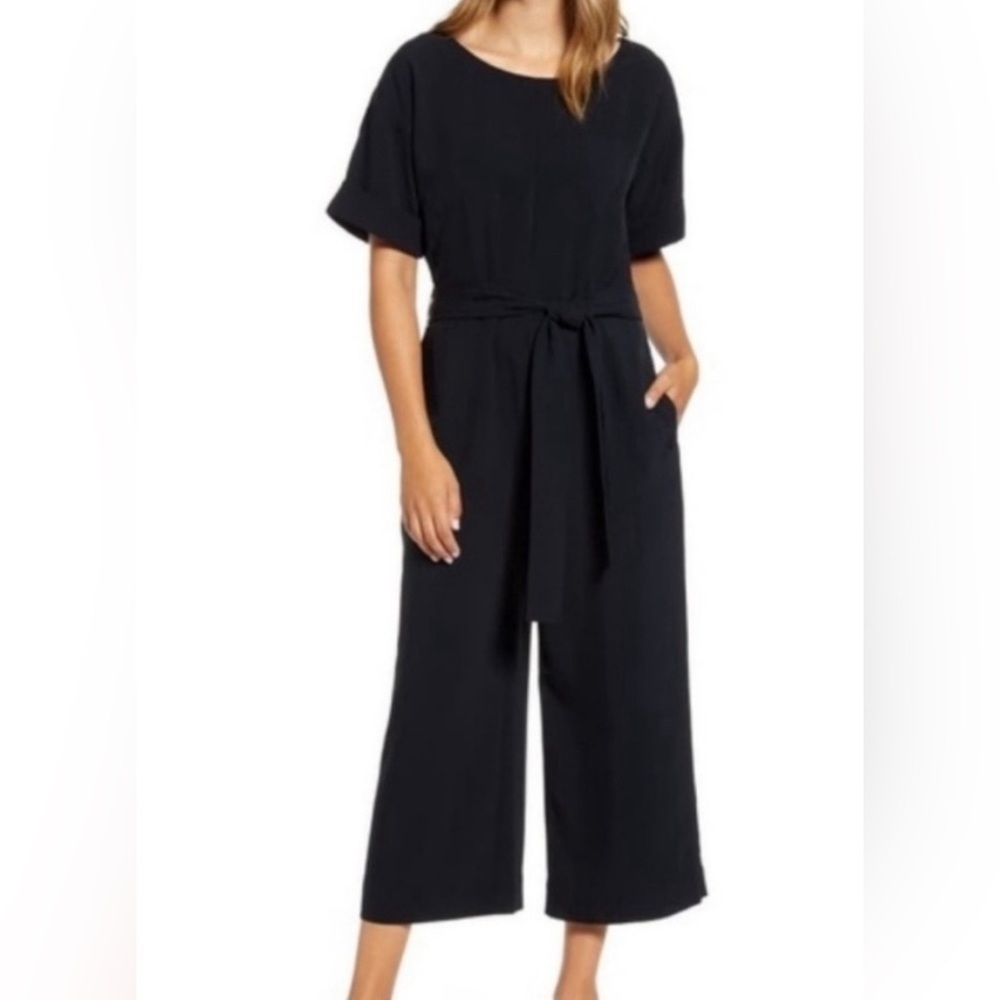 Everlane Black Jumpsuit Short Sleeve Triacetate Casual Cropped Size 2 W Pockets